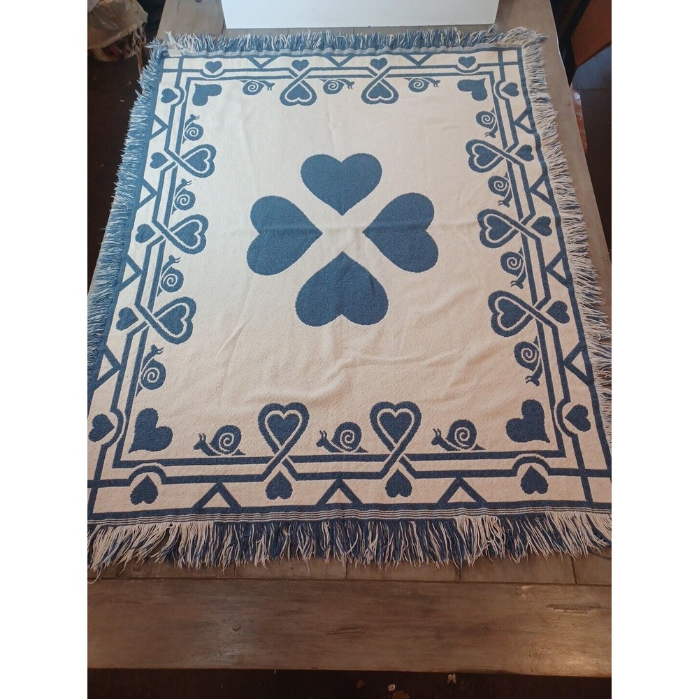 Blue & Cream Reversible Blanket/Throw Made In Spain Hearts & Snails - Picture 4 of 16